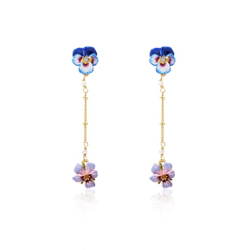 Pansy Blue Pink Purple Flower And Crystal Tassel Enamel Earrings