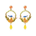 Blue Bird Tit On Pink Yellow Flower Branch Enamel Dangle Drop Earrings