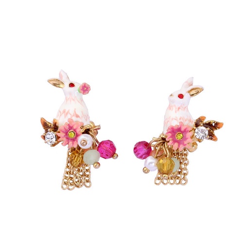 Rabbit and Chain Asymmetrical Enamel  Clip Earrings