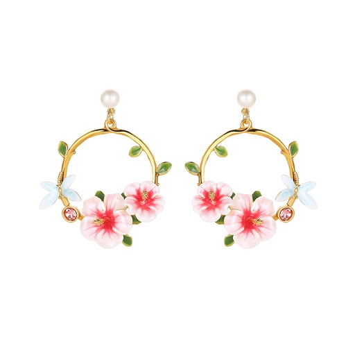 Pink Purple Flower Pearl And Crystal Enamel Stud Earrings Jewelry Gift