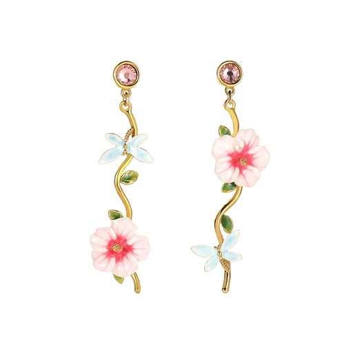 Pink Flower And Dragonfly Asymmetrical Enamel Dangle Earrings