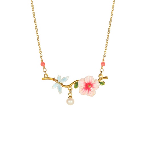 Pink Flower And Dragonfly Crystal Pearl Enamel Pendant Necklace Jewelry Gift