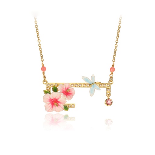 Pink Flower Plant Gold Plated Metal Sheet Enamel Dangle Earrings Jewelry Gift