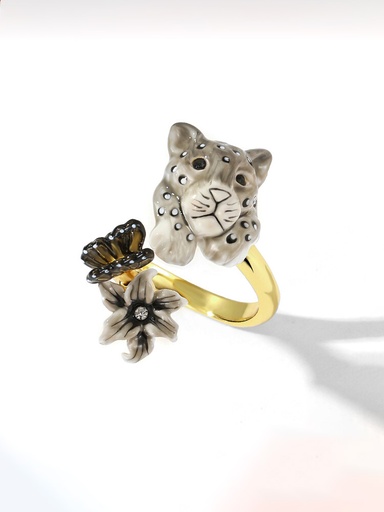 Gray Snow Leopard Panther Butterfly And Flower Enamel Adjustable Ring Jewelry Gift