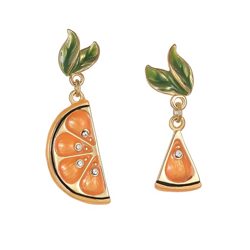 Orange Lemon Slice With Zircon And Leaf Asymmetrical Enamel Dangle Earrings