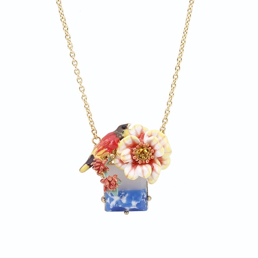 Colorful Bird Flower And Stone Enamel Pendant Necklace