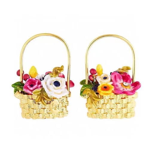 Bell Orchid White Flower Blue Fruit Enamel Hoop Earrings Jewelry Gift