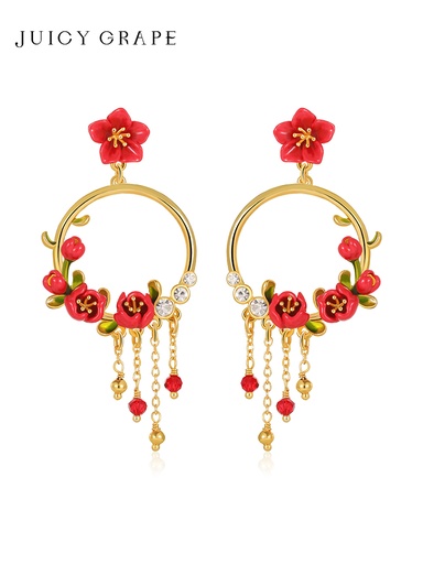 Red Flower Tassel Enamel Dangle Earrings Jewelry Gift