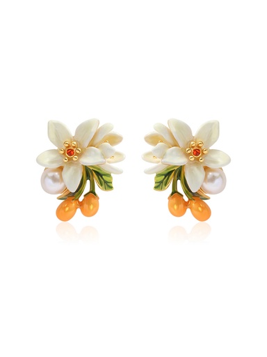 Orange Blossom Flower Kumquat Pearl Enamel Stud Earrings Jewelry Gift