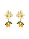 Orange Blossom Flower Kumquat Pearl Enamel Dangle Earrings