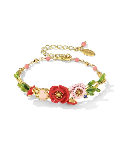 Pink Red Flower And Stone Enamel Cuff Bangle Bracelet