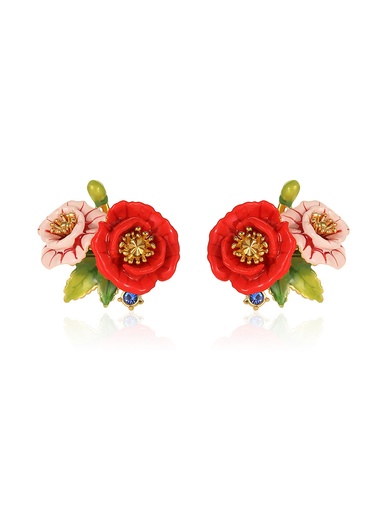 Pink Red Flower And Stone Enamel Stud Earrings