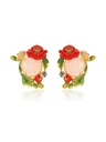 Pink Red Flower And Stone Crystal Enamel Stud Earrings