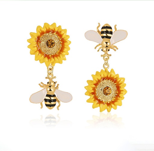 Yellow Sunflower And Bee Crystal Enamel Dangle Earrings