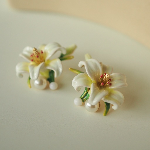 Lily White Flower And Pearl Enamel Stud Hook Earrings Jewelry Gift