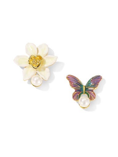Flower And Butterfly Asymmetrical Enamel Stud Earrings Jewelry Gift