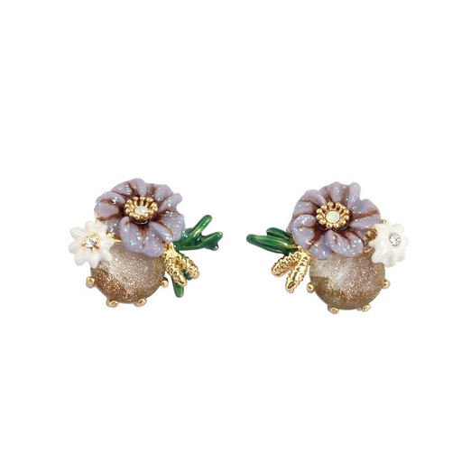 Flower And Stone Enamel Stud Earrings