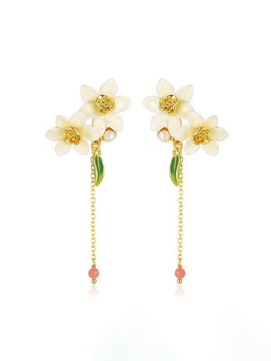 White Flower And Pearl Enamel Tassel Earrings Jewelry Gift