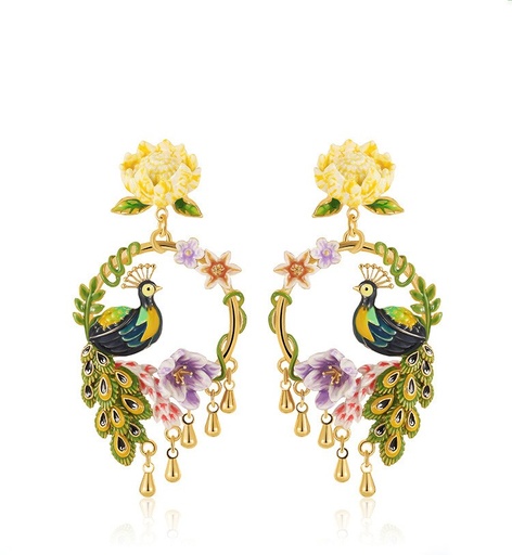 Flower and Peacock Enamel Dangle Earrings Jewelry Gift