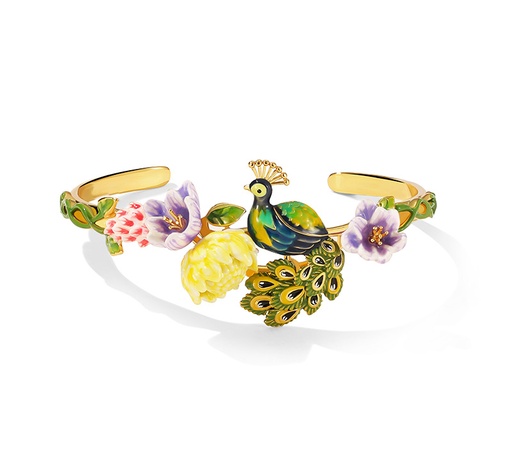 Peacock and Flower Enamel Cuff Adjustable Bangle Bracelet Jewelry Gift