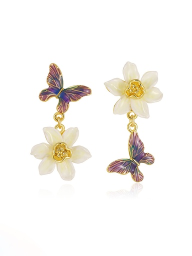 Flower And Butterfly Asymmetrical Enamel Dangle Earrings Jewelry Gift