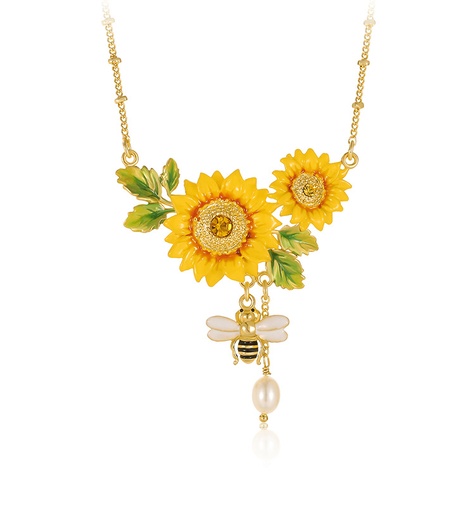 Sunflower And Bee Pearl Enamel Pendant Necklace Jewelry