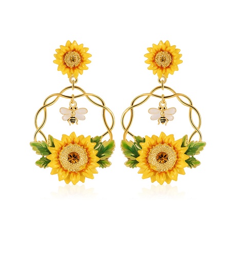 Sunflower Bee And Crystal Enamel Dangle Earrings Jewelry Gift