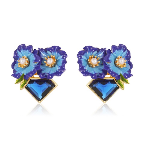 Blue Flower And Stone Enamel Stud Earrings