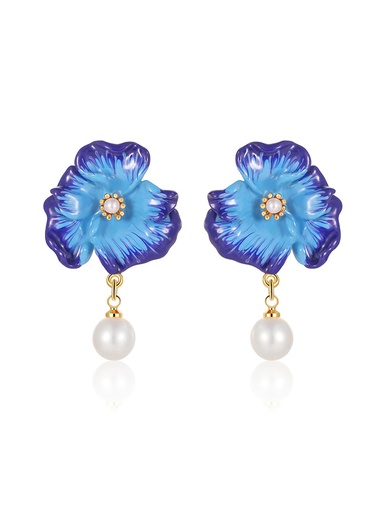 Blue Flower And Pearl Enamel Dangle Earrings