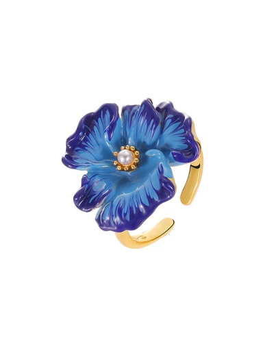 Blue Flower And Pearl Enamel Adjustable Ring