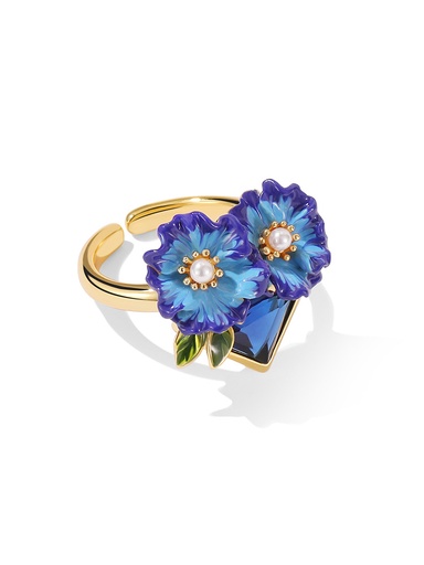 Blue Flower And Stone Enamel Adjustable Ring