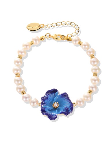 Blue Flower And Pearls Enamel Bracelet