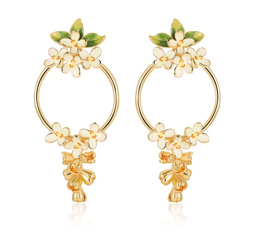 Pink Flower And Dragonfly Pearl C Shape Enamel Hoop Earrings