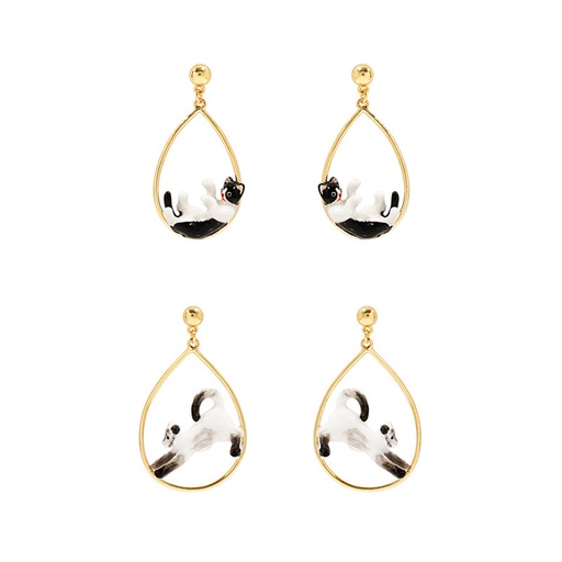 Cat Kitty Kitten Dog Puppy Asymmetrical Enamel Dangle Earrings