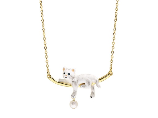 White Cat Kitty Kitten With Pearl Enamel Pendant Necklace