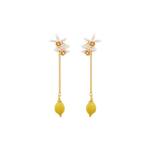 Lemon Flower Blossom And Crystal Enamel Chain Earrings
