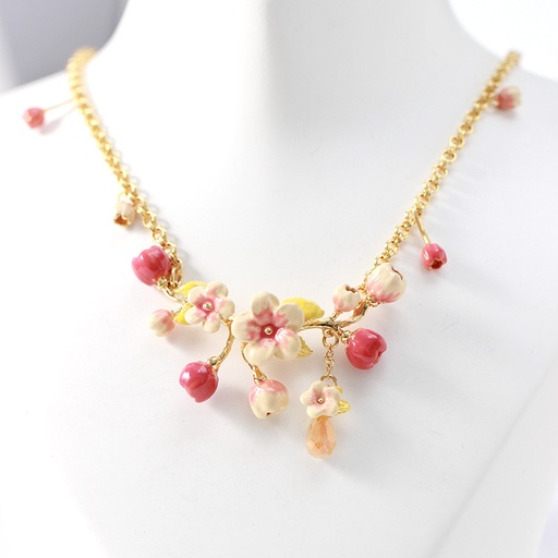 Peach Flower Blossom Branch Enamel Pendant Necklace