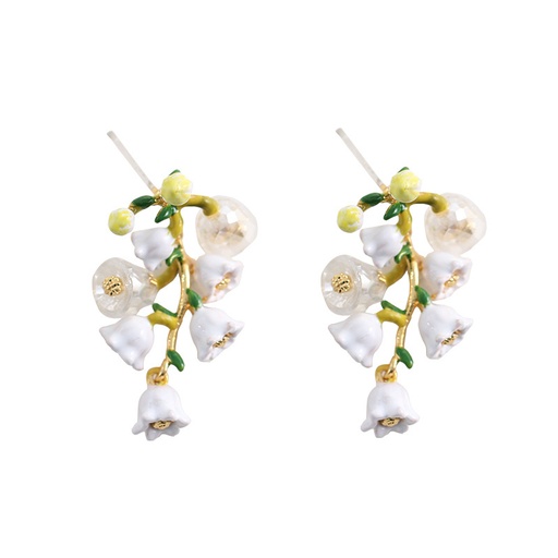 Lily of the Valley White Flower Blossom Enamel Dangle Earrings
