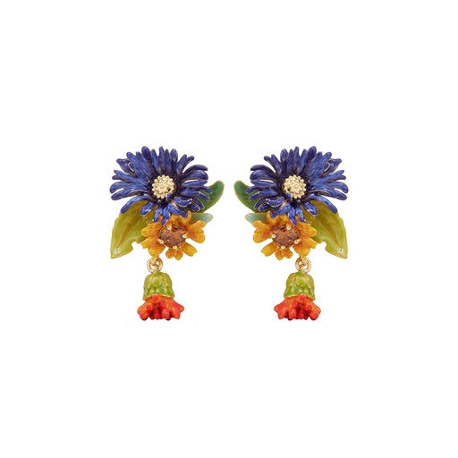 Blue Orange Flower With Crystal Enamel Dangle Earrings