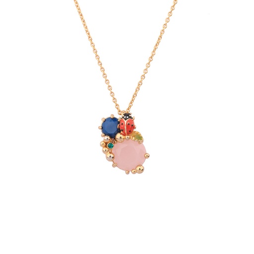 Ladybug And Blue Pink Stone Enamel Pendant Necklace