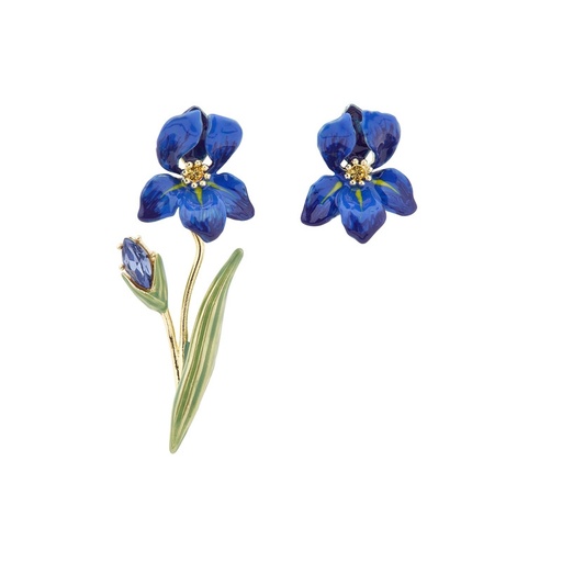 Blue Flower de Luce Irises And Stone Enamel Asymmetrical Stud Earrings