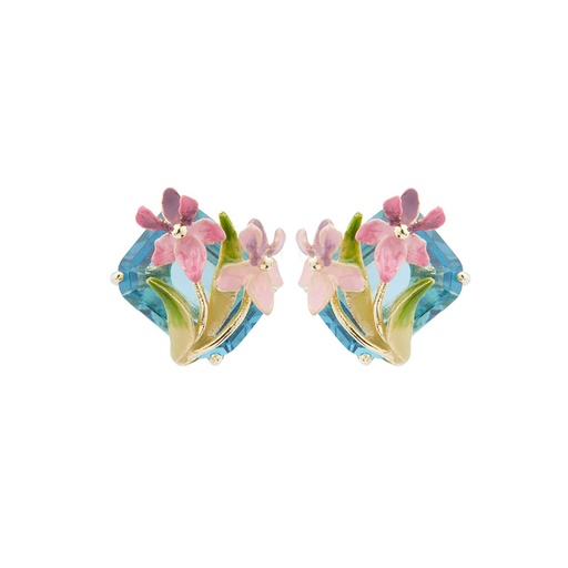 Pink Flower de Luce Irises And Stone Enamel Stud Earrings