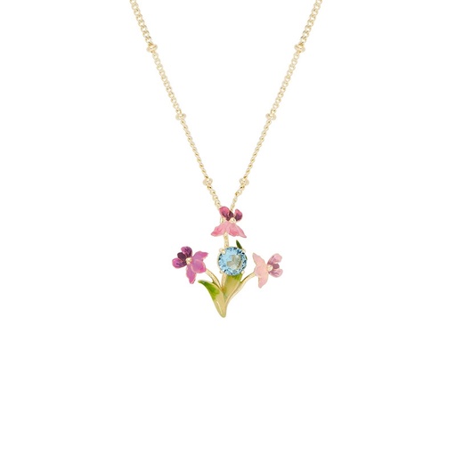 Pink Flower de Luce Irises And Stone Enamel Pendant Necklace