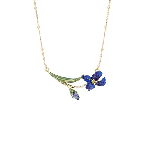 Blue Flower de Luce Irises And Leaf Enamel Pendant Necklace