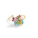 Pink Flower de Luce Irises And Stone Enamel Adjustable Ring