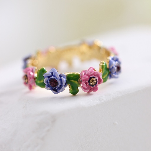 Flower Blossom And Crystal Enamel Adjustable Ring