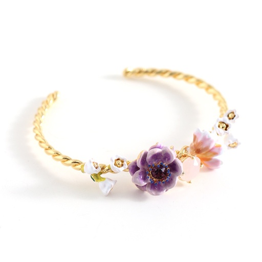 Purple Lotus Flower And Stone Enamel Bangle Bracelet