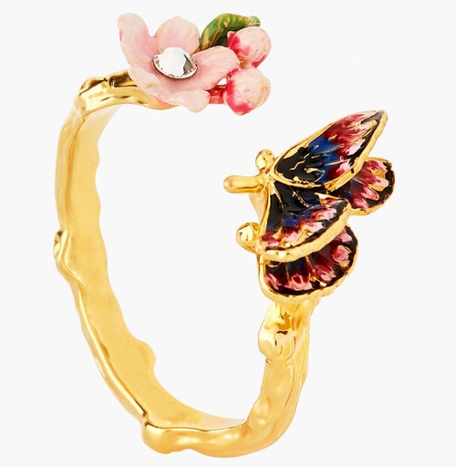 Pink Flower And Butterfly Enamel Adjustable Ring