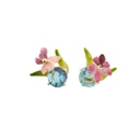 Pink Flower de Luce Irises And Stone Enamel Asymmetrical Stud Earrings