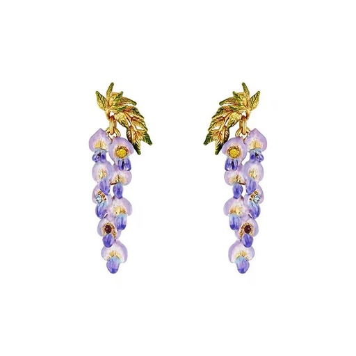 Purple Flower Blosssom Wisteria Enamel Dangle Earrings